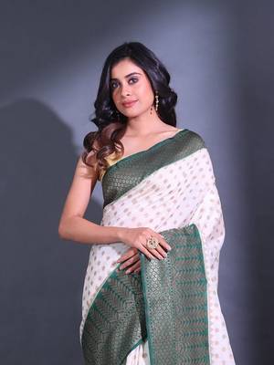 White Dupion Silk Handwoven Saree With Zari Woven Ethnic Buttas And Texture Patterns 2