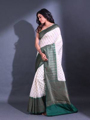 White Dupion Silk Handwoven Saree With Zari Woven Ethnic Buttas And Texture Patterns 3
