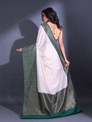 White Dupion Silk Handwoven Saree With Zari Woven Ethnic Buttas And Texture Patterns 4