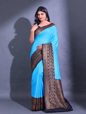 Sky Blue Dupion Silk Handwoven Saree With Zari Woven Texture And Floral Patterns 1