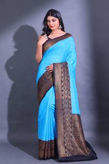 Sky Blue Dupion Silk Handwoven Saree With Zari Woven Texture And Floral Patterns