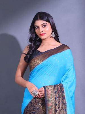 Sky Blue Dupion Silk Handwoven Saree With Zari Woven Texture And Floral Patterns 2