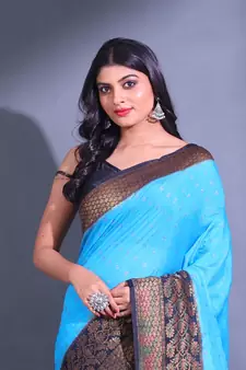 Sky Blue Dupion Silk Handwoven Saree With Zari Woven Texture And Floral Patterns