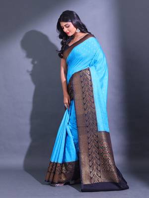 Sky Blue Dupion Silk Handwoven Saree With Zari Woven Texture And Floral Patterns 3