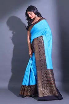 Sky Blue Dupion Silk Handwoven Saree With Zari Woven Texture And Floral Patterns