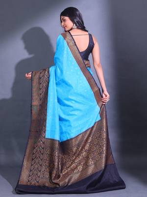Sky Blue Dupion Silk Handwoven Saree With Zari Woven Texture And Floral Patterns 4