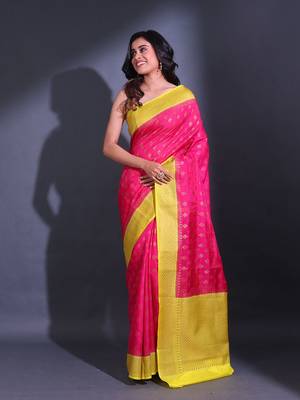Hot Pink Dupion Silk Handwoven Saree With Zari Woven Texture And Floral Patterns 1