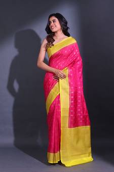 Hot Pink Dupion Silk Handwoven Saree With Zari Woven Texture And Floral Patterns