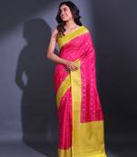 Hot Pink Dupion Silk Handwoven Saree With Zari Woven Texture And Floral Patterns