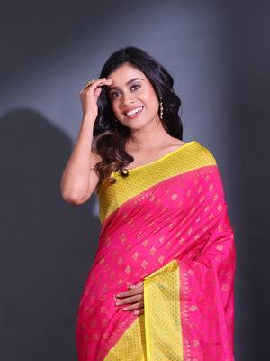 Hot Pink Dupion Silk Handwoven Saree With Zari Woven Texture And Floral Patterns 2