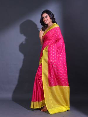 Hot Pink Dupion Silk Handwoven Saree With Zari Woven Texture And Floral Patterns 3