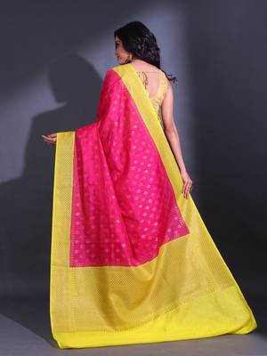 Hot Pink Dupion Silk Handwoven Saree With Zari Woven Texture And Floral Patterns 4