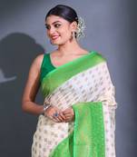 White Dupion Silk Handwoven Saree With Zari Woven Texture Patterns