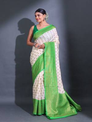 White Dupion Silk Handwoven Saree With Zari Woven Texture Patterns 2