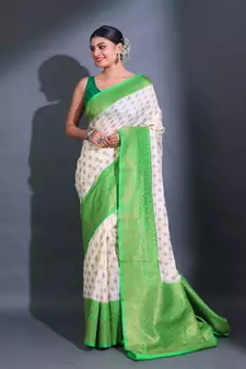 White Dupion Silk Handwoven Saree With Zari Woven Texture Patterns