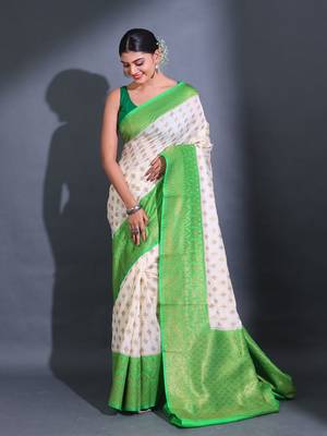 White Dupion Silk Handwoven Saree With Zari Woven Texture Patterns 3