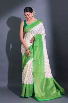 White Dupion Silk Handwoven Saree With Zari Woven Texture Patterns