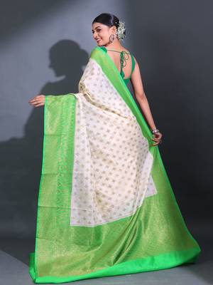 White Dupion Silk Handwoven Saree With Zari Woven Texture Patterns 4