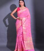 Pink Cotton Blend Handwoven Saree With Zari Woven Floral And Damask Patterns