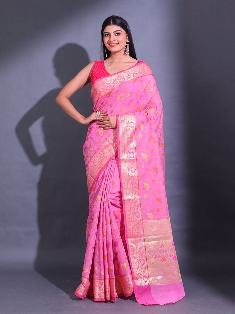 Pink Cotton Blend Handwoven Saree With Zari Woven Floral And Damask Patterns
