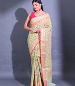 Pistachio Green Cotton Blend Handwoven Saree With Zari Woven Floral And Damask Patterns