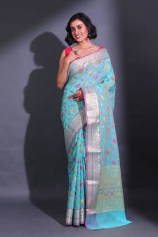 Sky Blue Cotton Blend Handwoven Saree With Zari Woven Floral And Damask Patterns