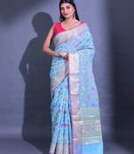 Sky Blue Cotton Blend Handwoven Saree With Zari Woven Floral And Damask Patterns