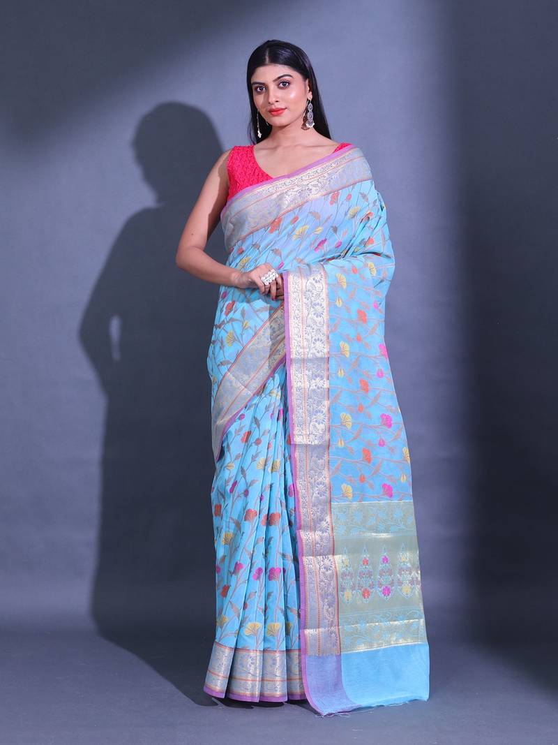 Sky Blue Cotton Blend Handwoven Saree With Zari Woven Floral And Damask Patterns