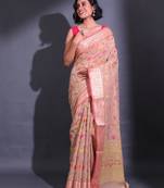 Ecru Cotton Blend Handwoven Saree With Zari Woven Floral And Damask Patterns