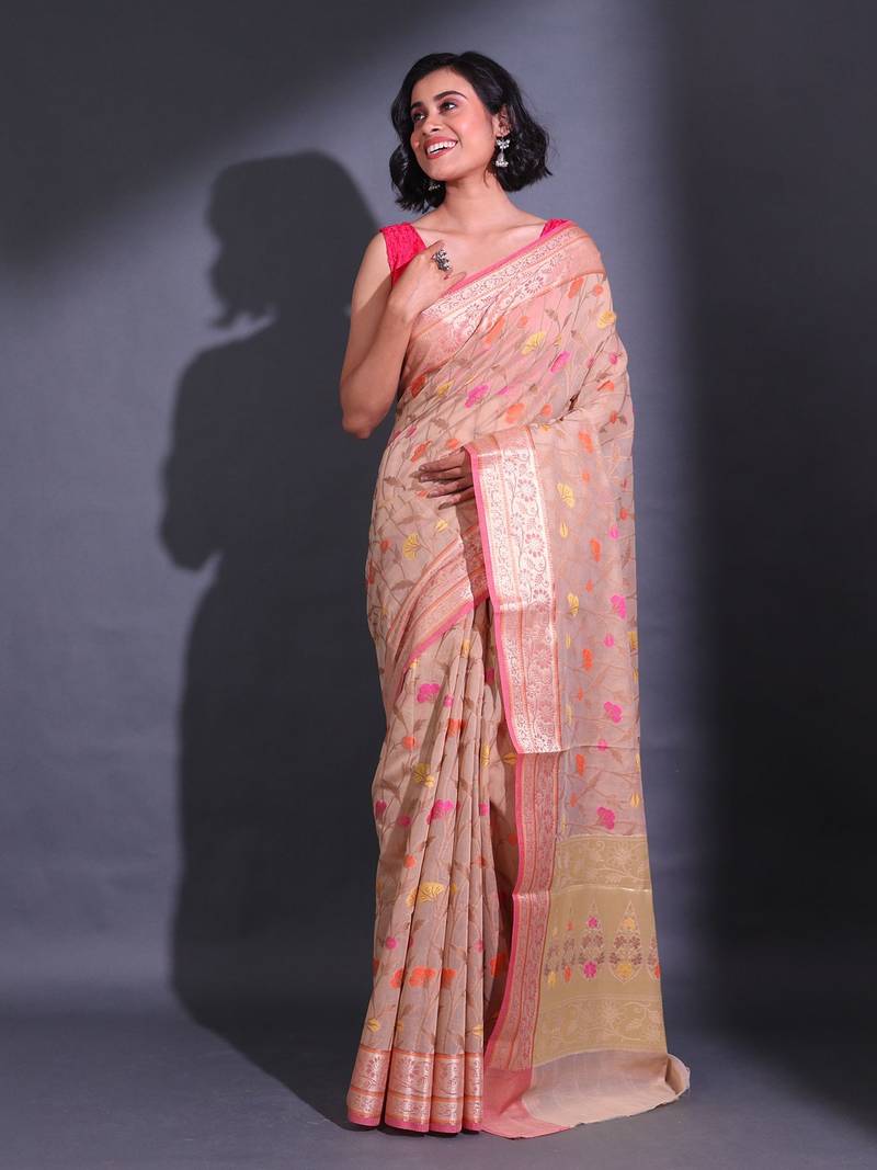 Ecru Cotton Blend Handwoven Saree With Zari Woven Floral And Damask Patterns