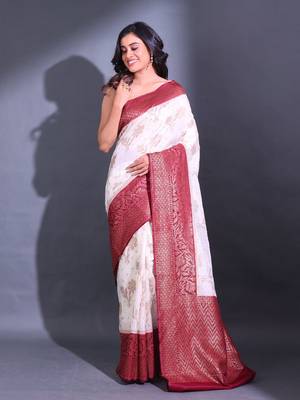 White Dupion Silk Handwoven Saree With Zari Woven Floral And Texture Patterns 1