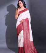 White Dupion Silk Handwoven Saree With Zari Woven Floral And Texture Patterns