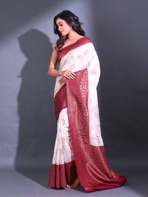White Dupion Silk Handwoven Saree With Zari Woven Floral And Texture Patterns 3