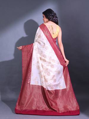 White Dupion Silk Handwoven Saree With Zari Woven Floral And Texture Patterns 4