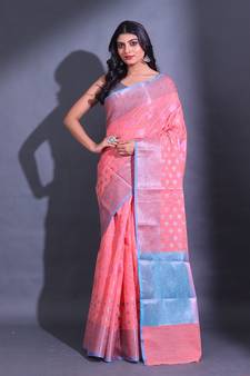 Peach Cotton Blend Handwoven Saree With Zari Woven Nakshi And Floral Patterns
