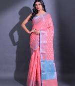 Peach Cotton Blend Handwoven Saree With Zari Woven Nakshi And Floral Patterns