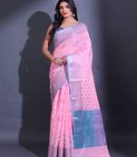 Light Pink Cotton Blend Handwoven Saree With Zari Woven Nakshi And Floral Patterns