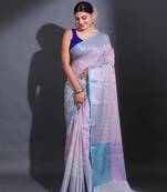 Grey Cotton Blend Handwoven Saree With Zari Woven Nakshi And Floral Patterns