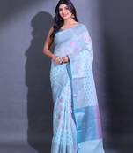 Sky Blue Cotton Blend Handwoven Saree With Zari Woven Nakshi And Floral Patterns