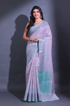 Grey Cotton Blend Handwoven Saree With Zari Woven Nakshi And Texture Patterns