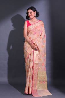 Beige Cotton Blend Handwoven Saree With Zari Woven Floral And Damask Motifs