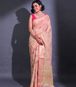 Beige Cotton Blend Handwoven Saree With Zari Woven Floral And Damask Motifs