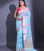 Sky Blue Cotton Blend Handwoven Saree With Zari Woven Floral And Damask Motifs