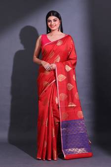 Dark Red Cotton Handwoven Saree With Damask Motifs And Texture Pallu