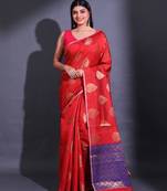 Dark Red Cotton Handwoven Saree With Damask Motifs And Texture Pallu