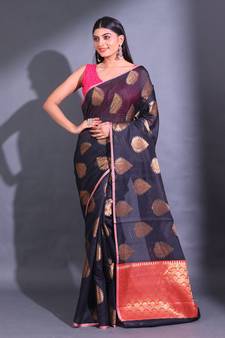 Black Cotton Handwoven Saree With Damask Motifs And Texture Pallu