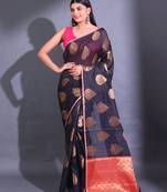 Black Cotton Handwoven Saree With Damask Motifs And Texture Pallu