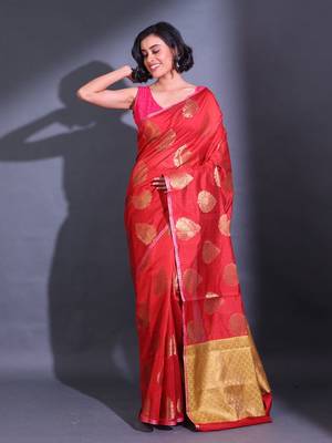 Charry Red Cotton Handwoven Saree With Damask Motifs And Texture Pallu 1
