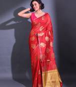 Charry Red Cotton Handwoven Saree With Damask Motifs And Texture Pallu