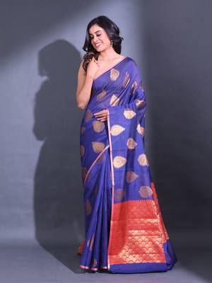Navy Blue Cotton Handwoven Saree With Damask Motifs And Texture Pallu 1